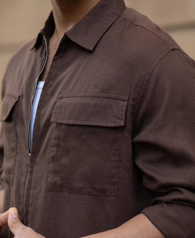 Coffee Brown Linen Blend Zipper Shirt