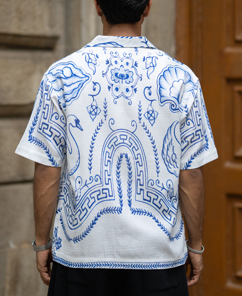 White Printed Cotton Structured Shirt.