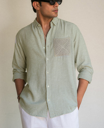 Sage Linen Blend Crochet Shirt