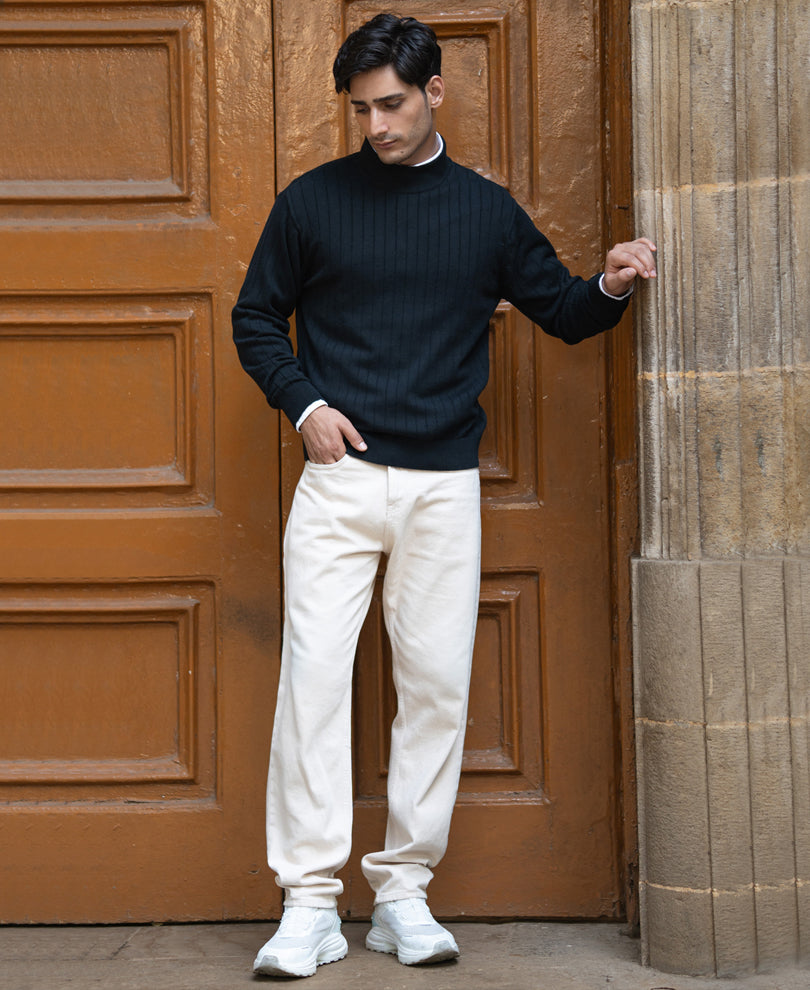 Black Structure Stripe High Neck Sweater