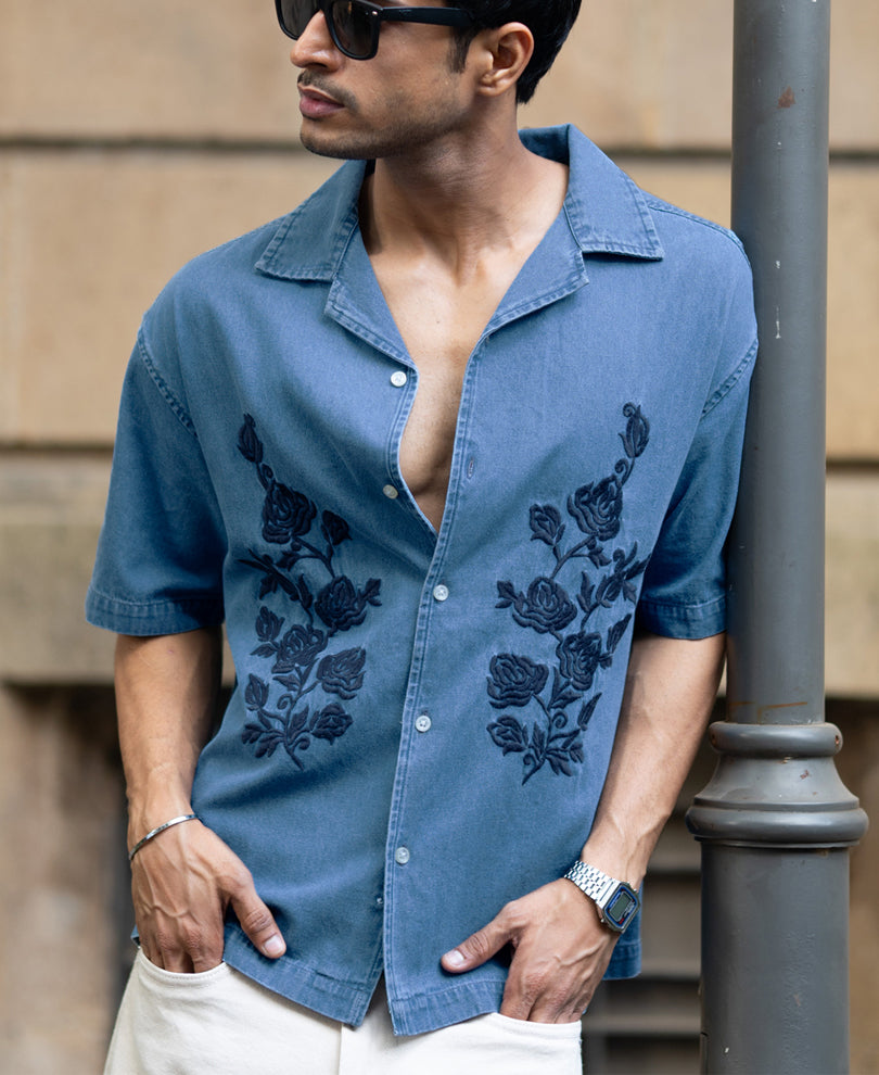 Mid Blue Embroidered Denim Shirt.