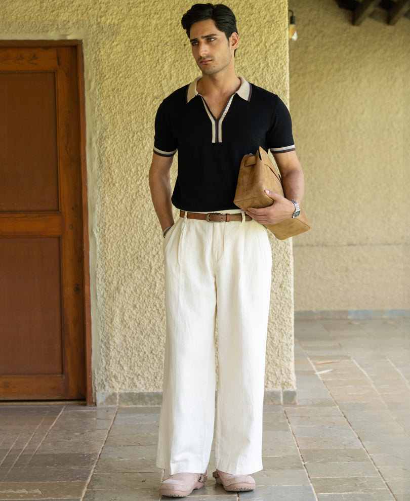 Black Contrast Collar Knit T-Shirt 100% Cotton