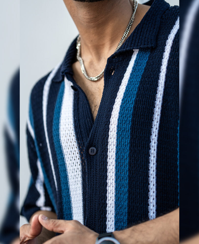 Multicolor Crochet Knit Striped Oversize Drop Shoulder Shirt