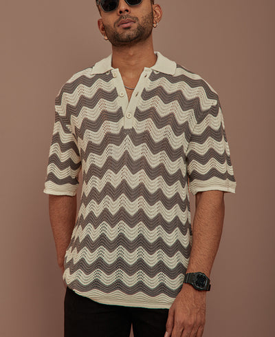 Grey and White Structured Oversized Half Sleeves T Shirt