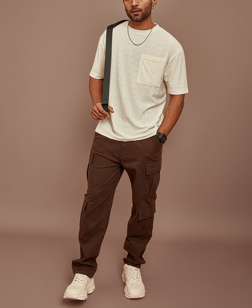 Cream Structured Oversized Half Sleeves T Shirt
