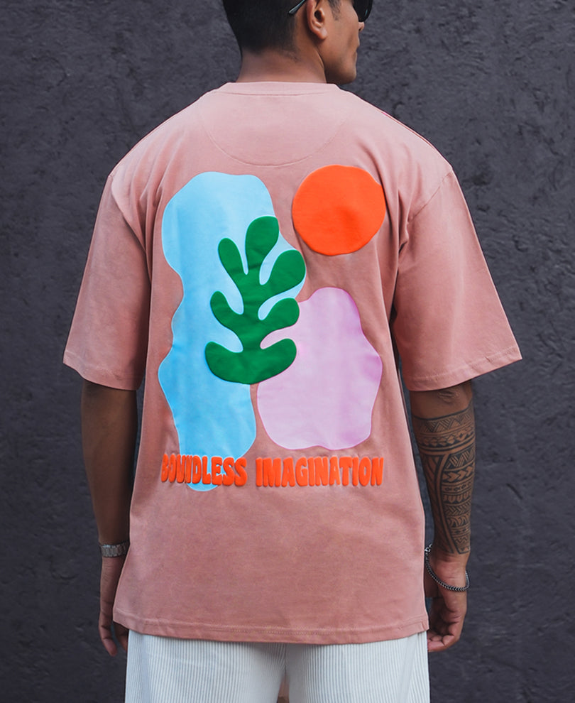 Peach Colourblock Printed Oversized Half Sleeves T Shirt