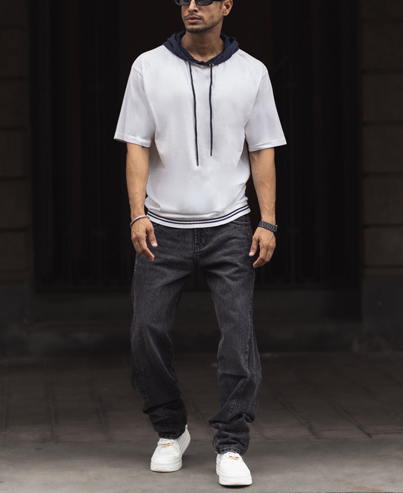 Off White and Navy Blue Oversized Half Sleeves Hoodie T Shirt