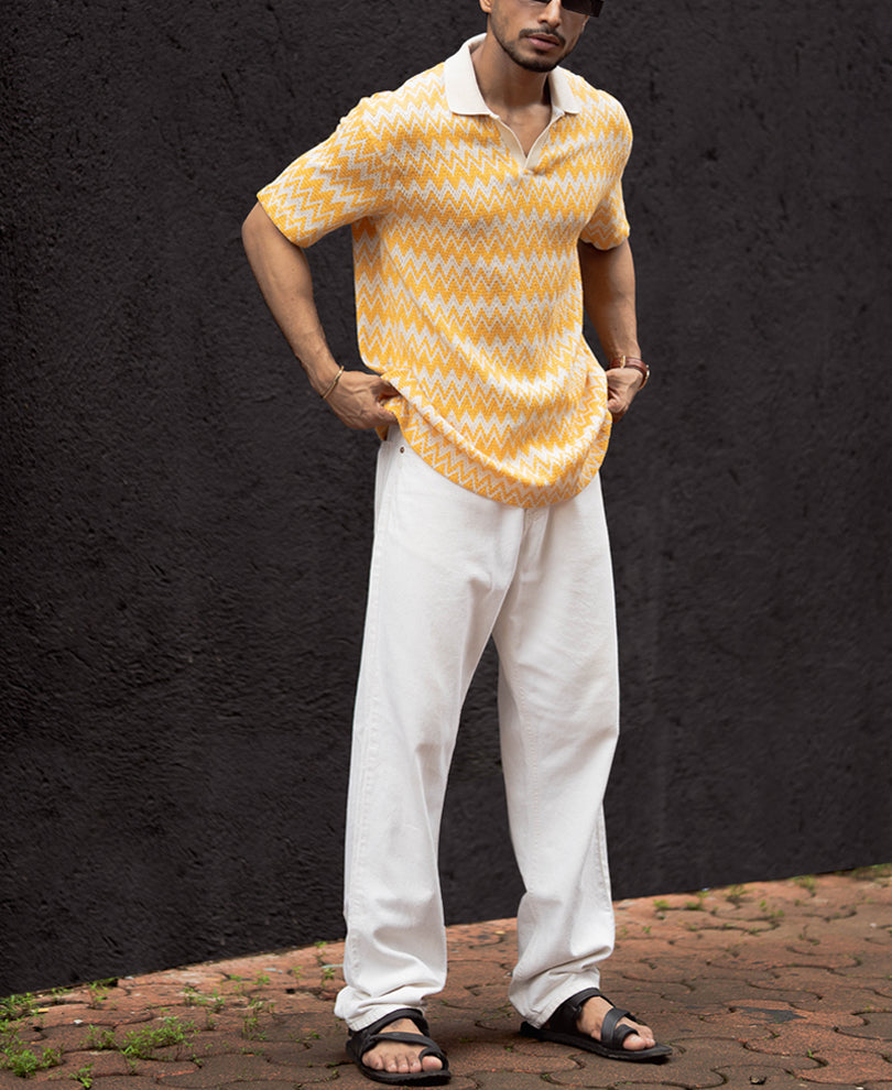 Off White and Yellow Regular Fit Half Sleeves T Shirt