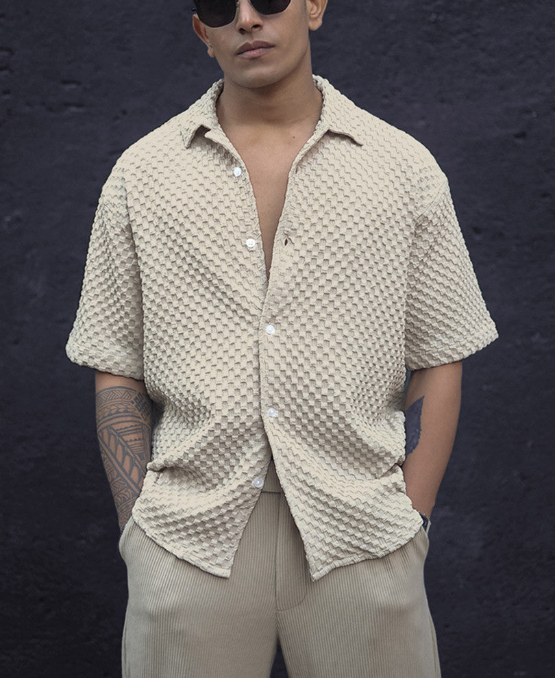 Cream Textured Oversized Half Sleeves Shirt
