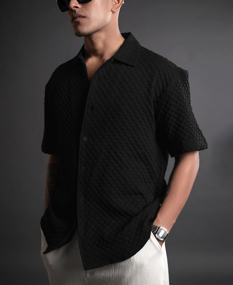 Black Textured Oversized Half Sleeves Shirt