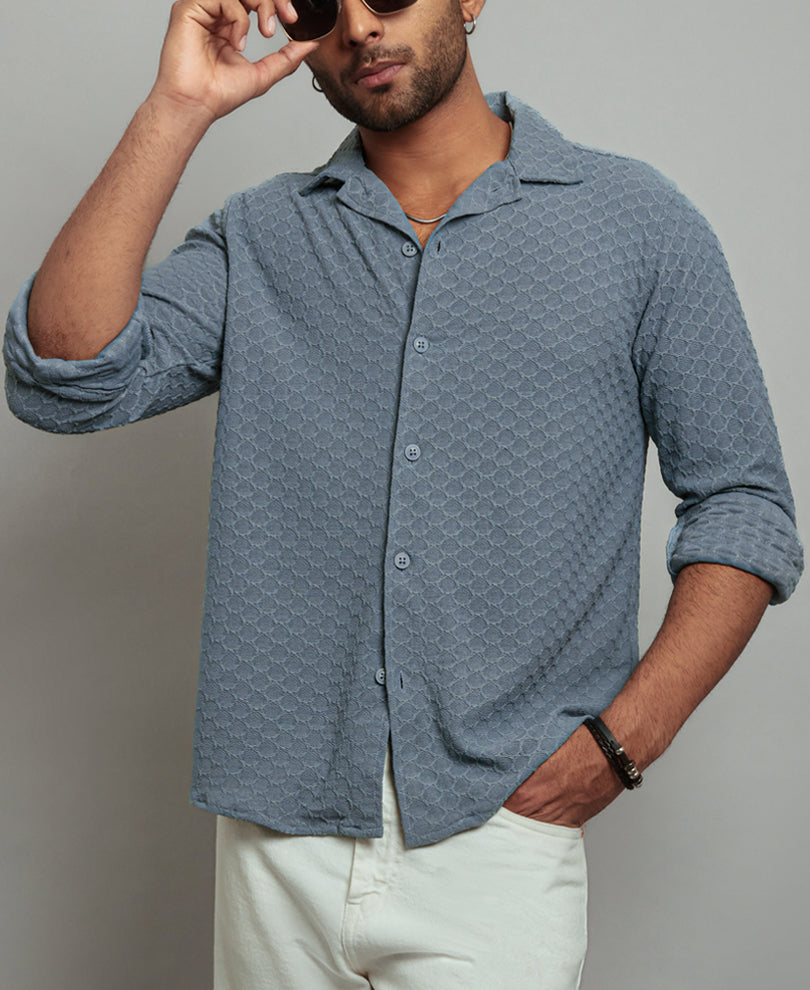 Grey Structured Regular Fit Full Sleeves Shirt
