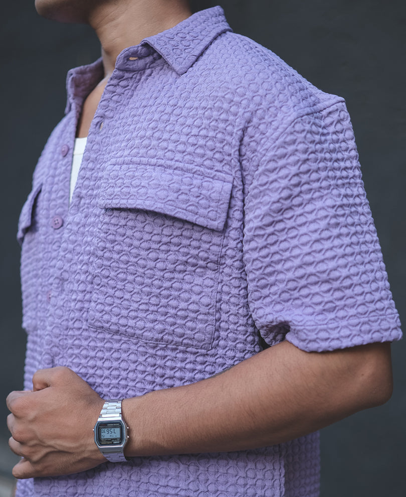 Lavender Structured Oversized Double Pocket Half Sleeves Shirt