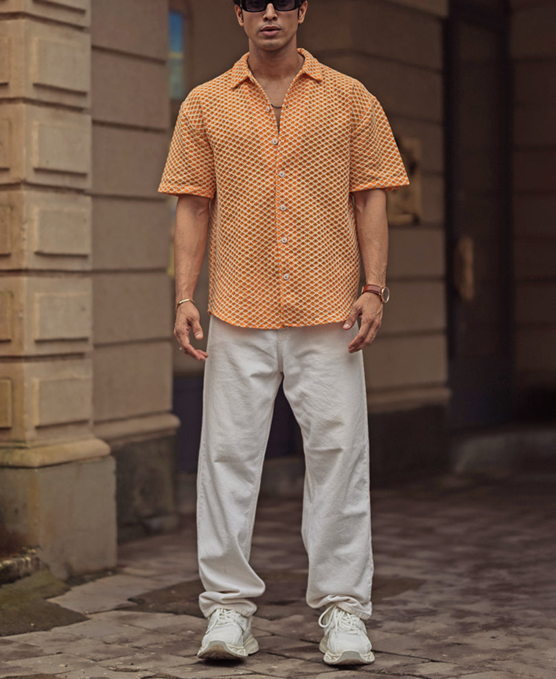 Orange and White Crochet Knit Oversized Shirt.