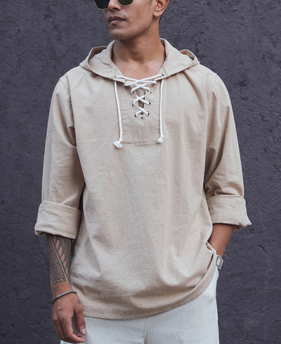 Beige Full Sleeves Hoodie Kurta Style Shirt