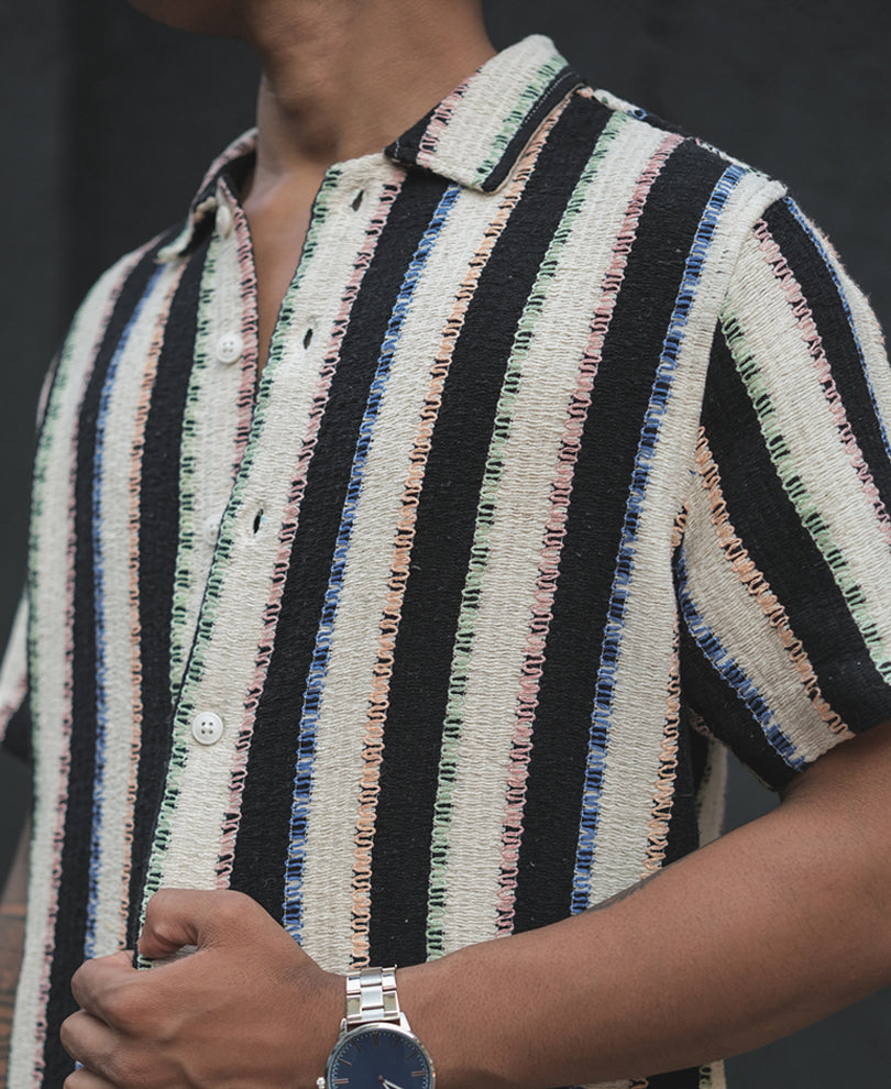 Multicolor Crochet Striped Half Sleeves Shirt