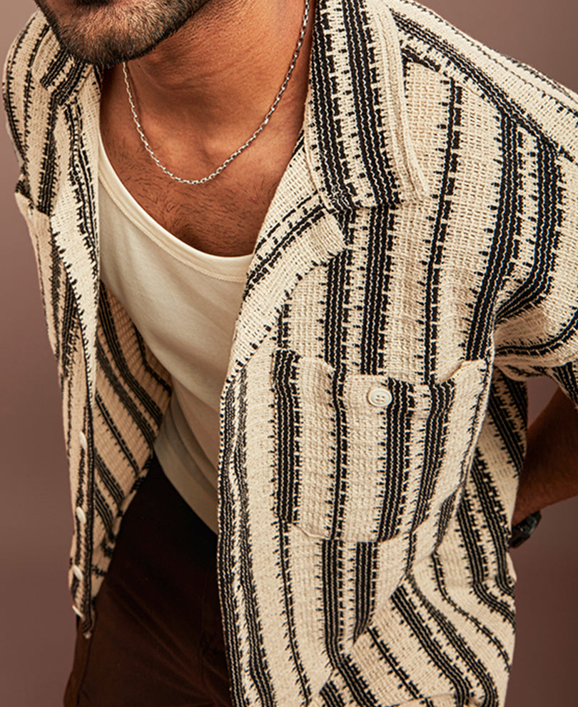 Black and Off White Crochet Striped Oversized Shirt