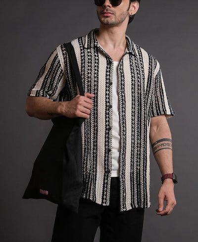 Black and White Crochet Knit Striped Half Sleeves Shirt