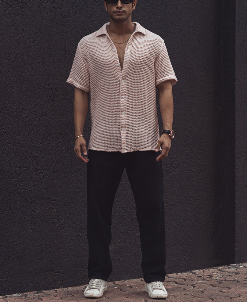 Light Pink Regular Fit Waffle Structured Shirt