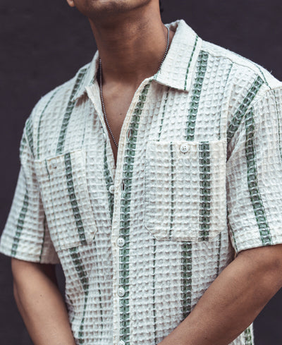 White and Green Structured Puff Waffle Striped Half Sleeves Shirt