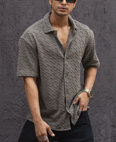 Grey Structured Oversized Fit Half Sleeves Shirt