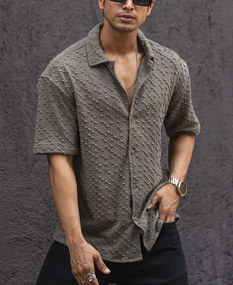 Grey Structured Oversized Fit Half Sleeves Shirt
