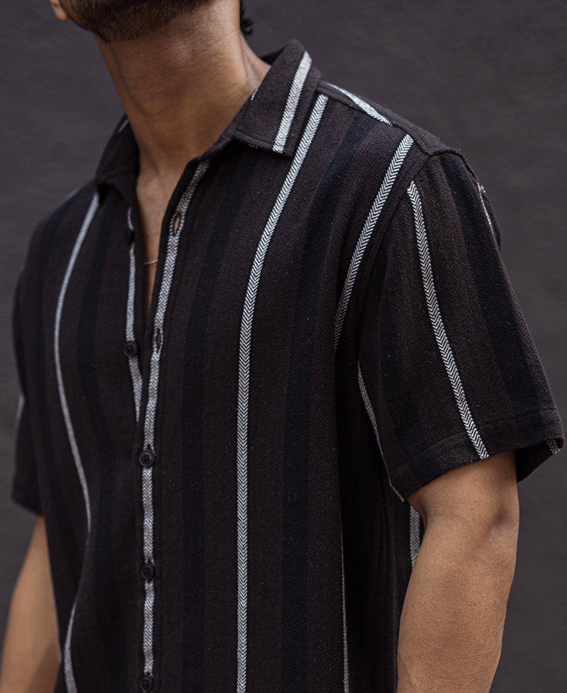 Black and White Striped Regular Fit Half Sleeves Shirt