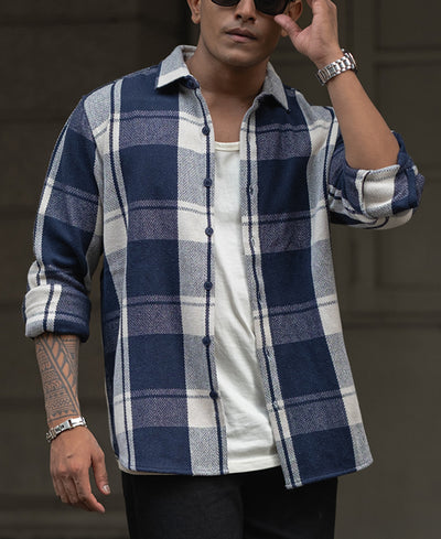 Navy Blue And White Checks Regular Fit Full Sleeves Shirt