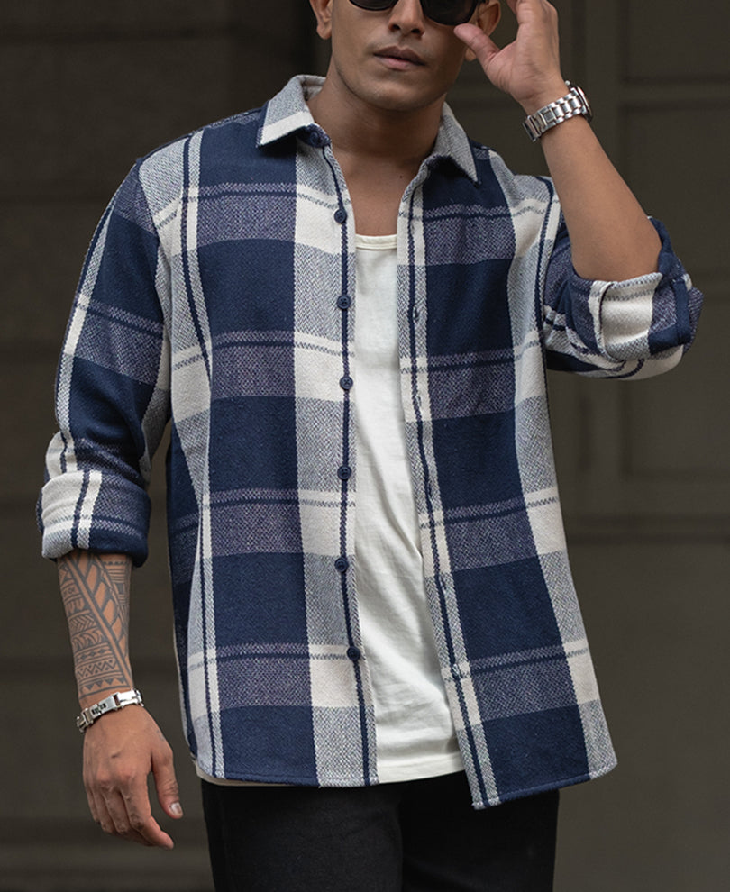 Navy Blue And White Checks Regular Fit Full Sleeves Shirt