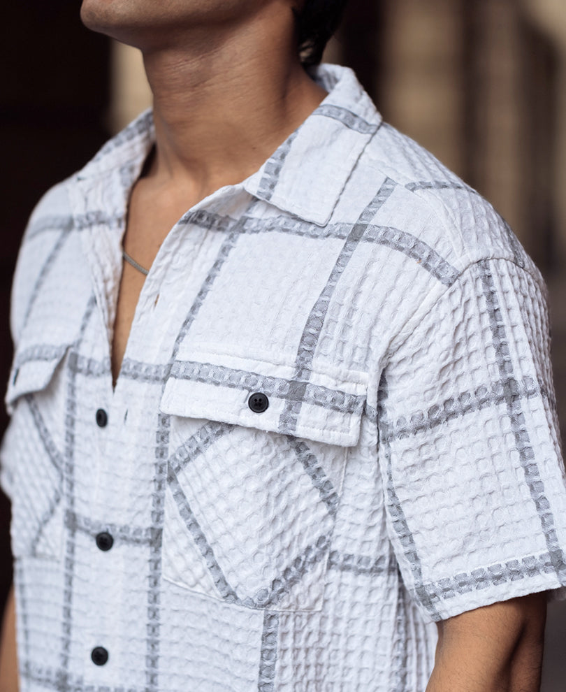 White and Grey Structured Checks Half Sleeves Shirt