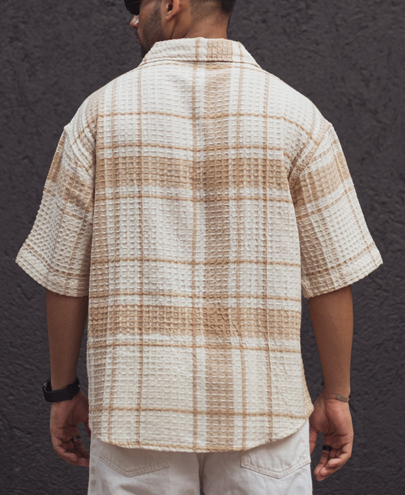 Beige and Off White Waffle Oversized Checks Half Sleeves Shirt