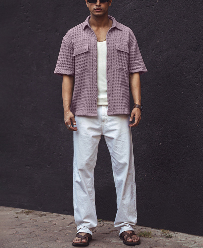 Dull Rose Structured Puff Waffle Oversized Half Sleeves Shirt