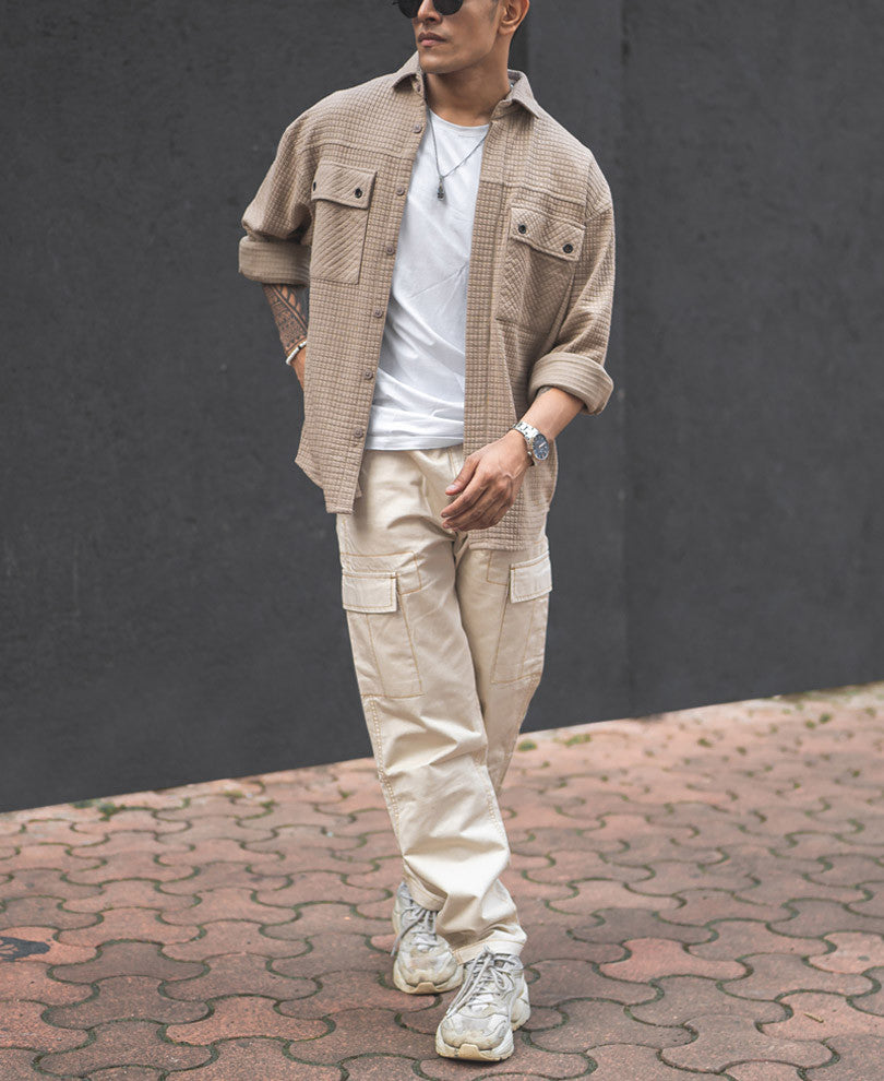 Camel Structured Double Pockets Shacket Oversized Shirt