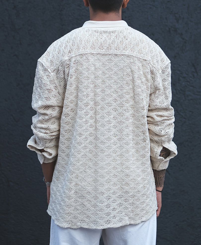 Cream Crochet Knit Oversized Full Sleeves Shirt