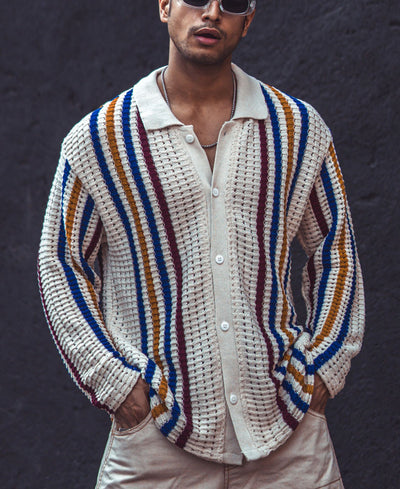 Multicolor Crochet Knit Striped Oversized Shirts