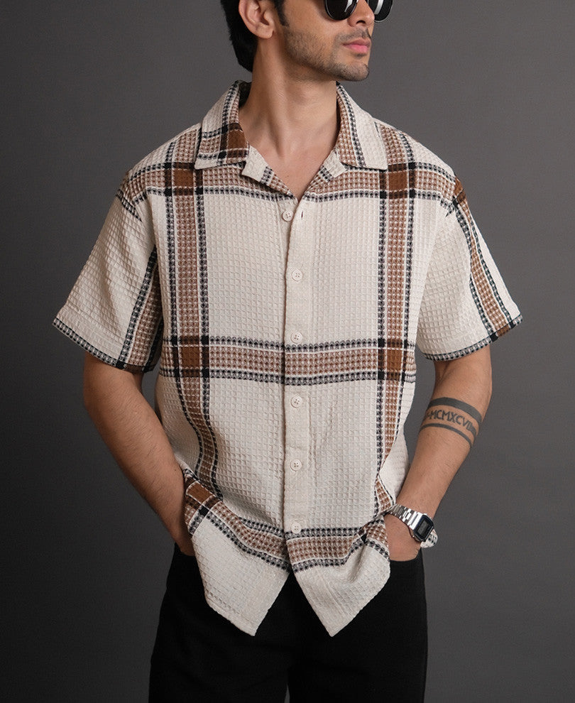 Off White and Brown Structured Checks Half Sleeves Shirt