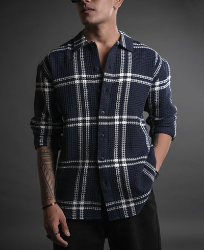 Blue and White Structured Checks Oversized Shirt