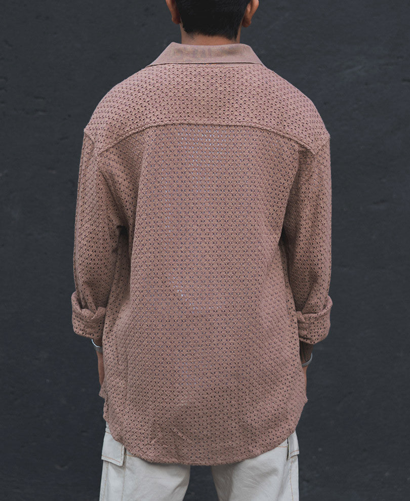 Brown Crochet Full Sleeves Oversized Shirt