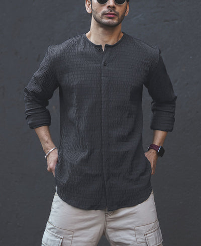Dark Grey Structured Kurta Style Full Sleeves Shirt