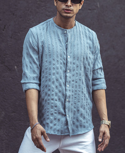 Grey Structured Striped Full Sleeves Shirt