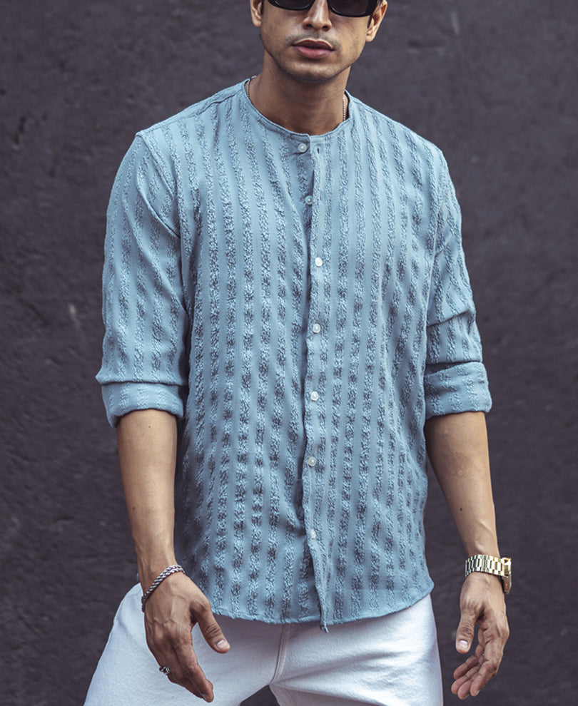 Grey Structured Striped Full Sleeves Shirt