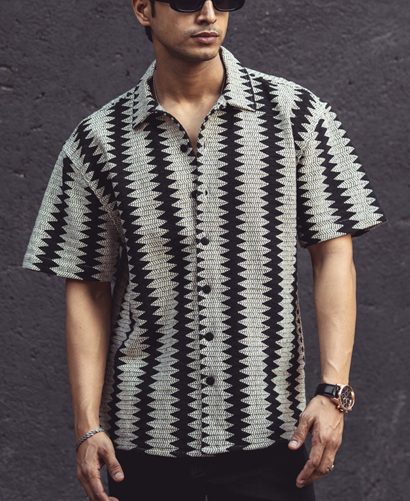 Black and White Structured Oversized Half Sleeves Shirt