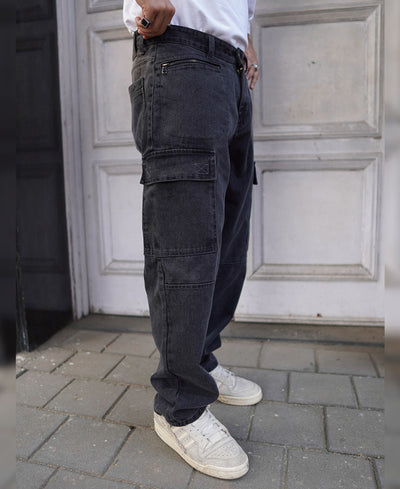 Black Denim Cargo Pocket Baggy Fit Jeans