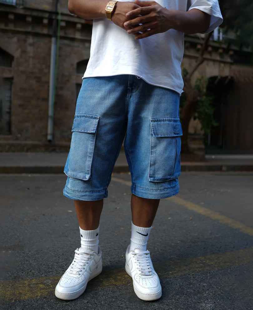 Light Blue Denim Cargo Baggy Fit Jeans