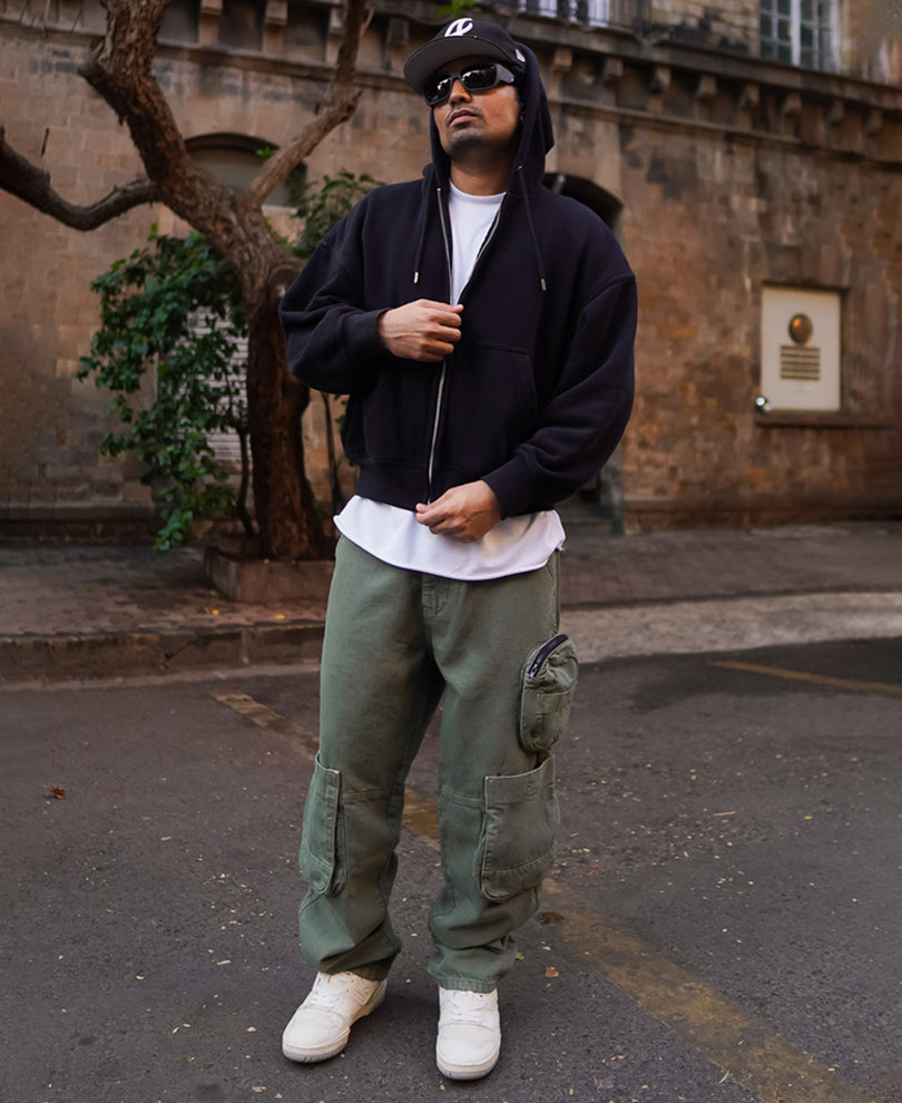 Dark Green Denim Cargo Pocket Baggy Fit Jeans