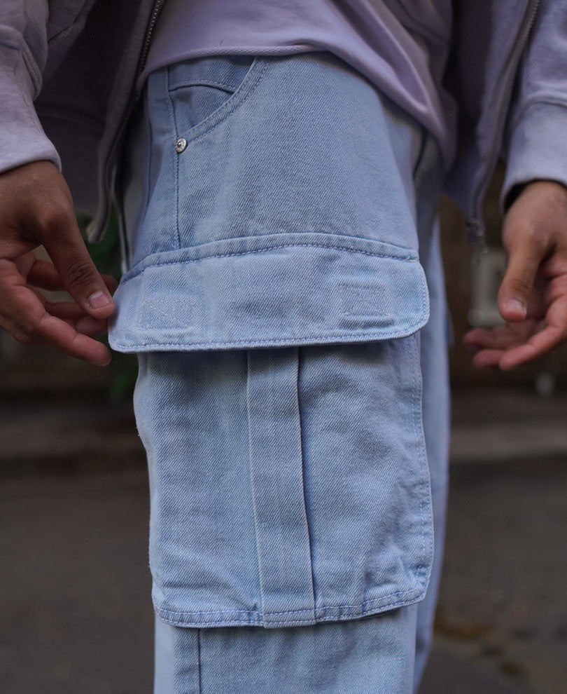 Sky Blue Denim Cargo Pocket Baggy Fit Jeans