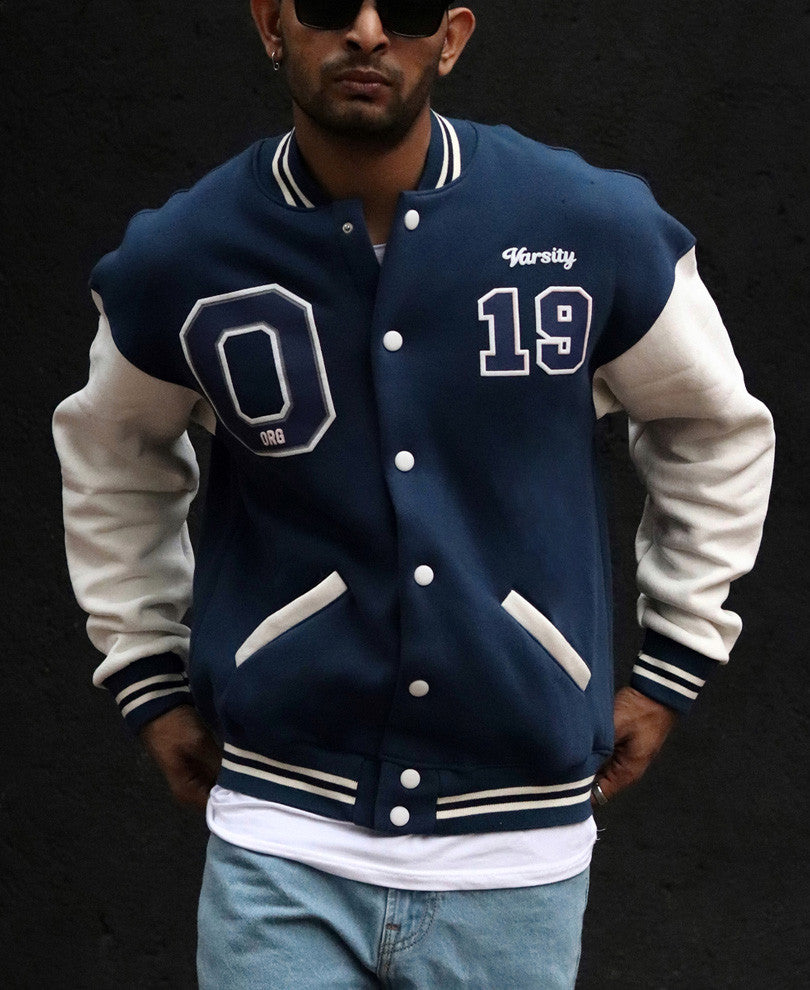 Sapphire Blue Chest Print Varsity Oversize Jacket