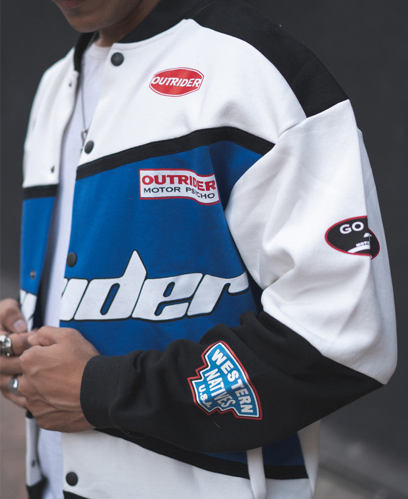 White and Blue Outrider Oversized Varsity Jacket