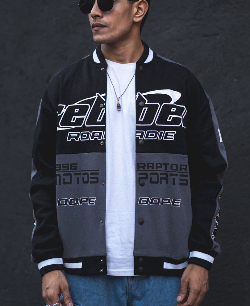 Grey and Black Rebel Oversized Varsity Jacket