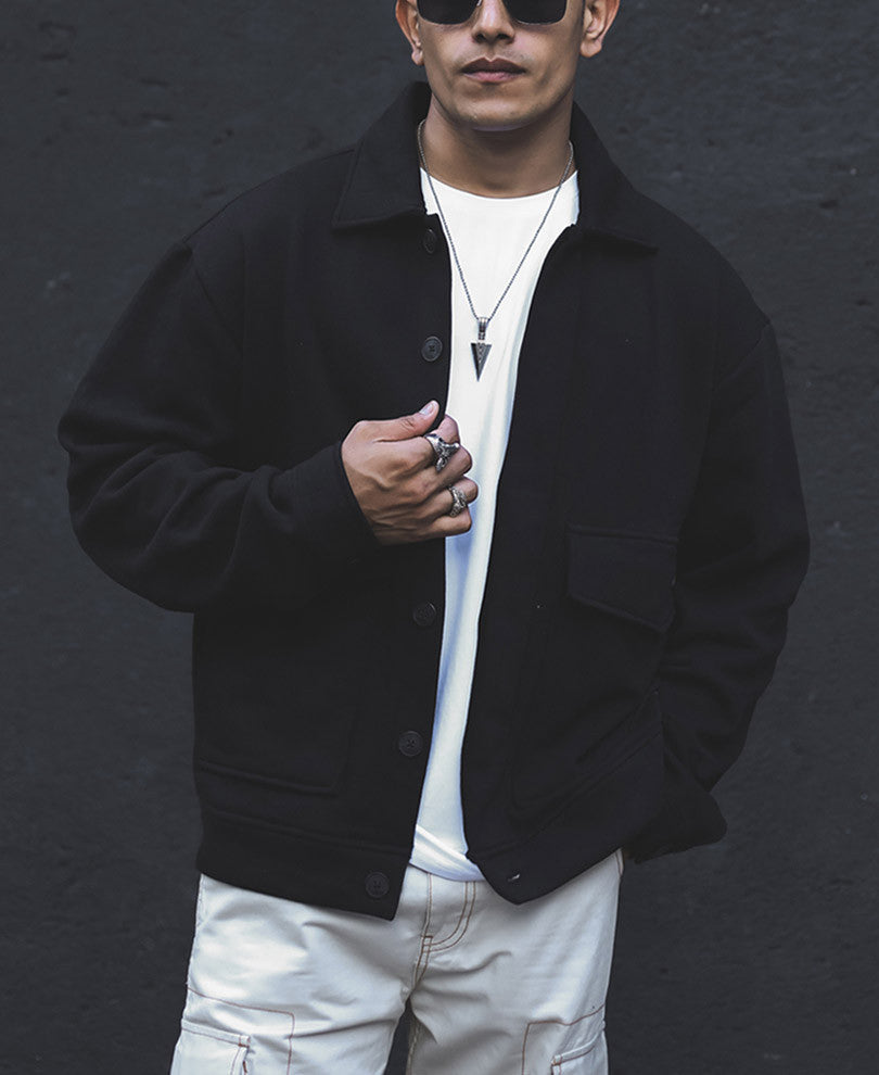 Black Plain Shacket Double Pocket Oversized Jacket