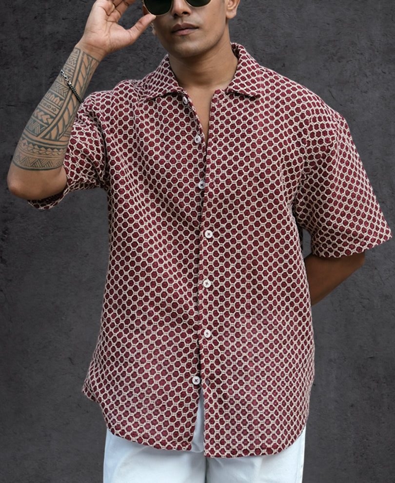 Maroon Structured Oversized Half Sleeves Shirt